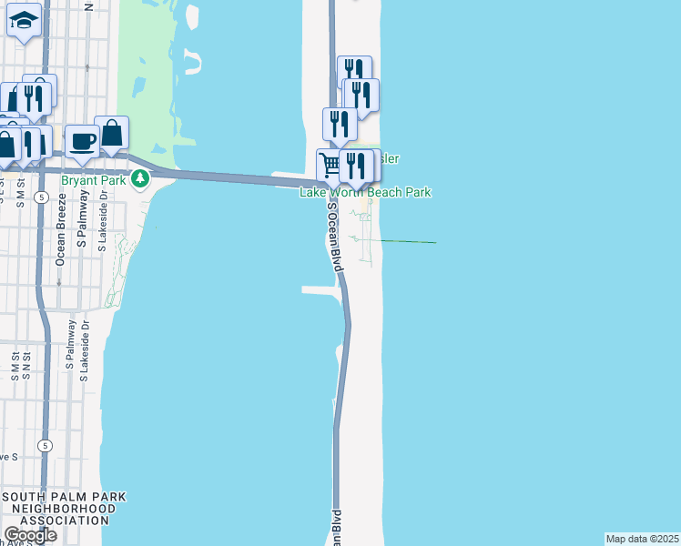 map of restaurants, bars, coffee shops, grocery stores, and more near 3575 South Ocean Boulevard in Palm Beach