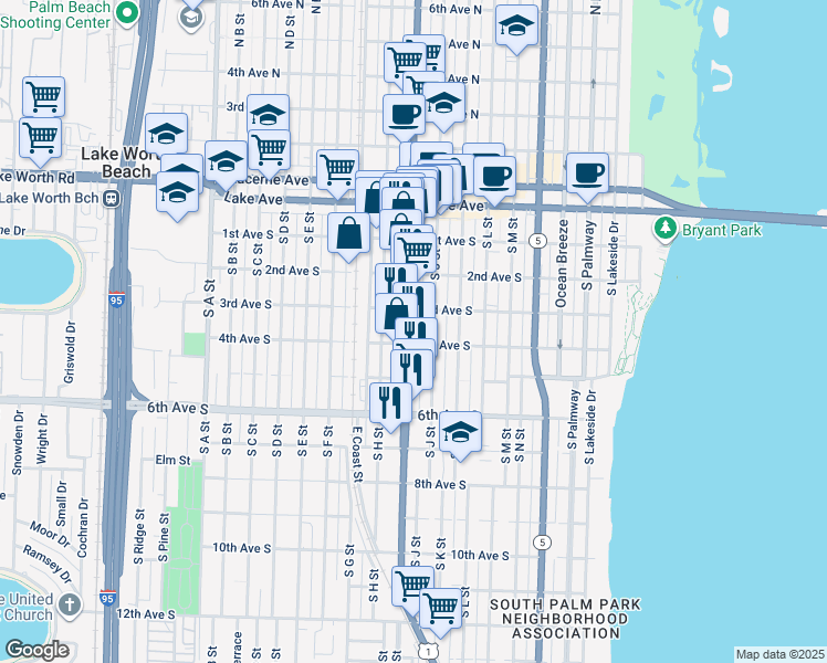 map of restaurants, bars, coffee shops, grocery stores, and more near 326 South H Street in Lake Worth
