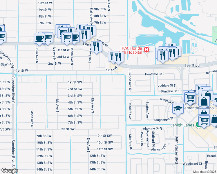 map of restaurants, bars, coffee shops, grocery stores, and more near 2610 2nd Street Southwest in Lehigh Acres
