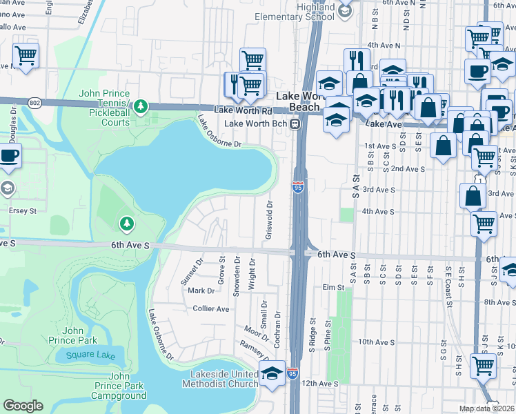 map of restaurants, bars, coffee shops, grocery stores, and more near 416 Wright Drive in Lake Worth