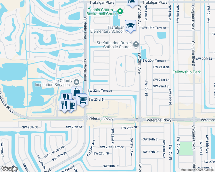 map of restaurants, bars, coffee shops, grocery stores, and more near 2220 Southwest 22nd Street in Cape Coral
