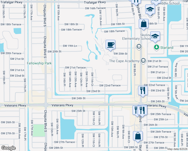 map of restaurants, bars, coffee shops, grocery stores, and more near 2137 Southwest 11th Court in Cape Coral