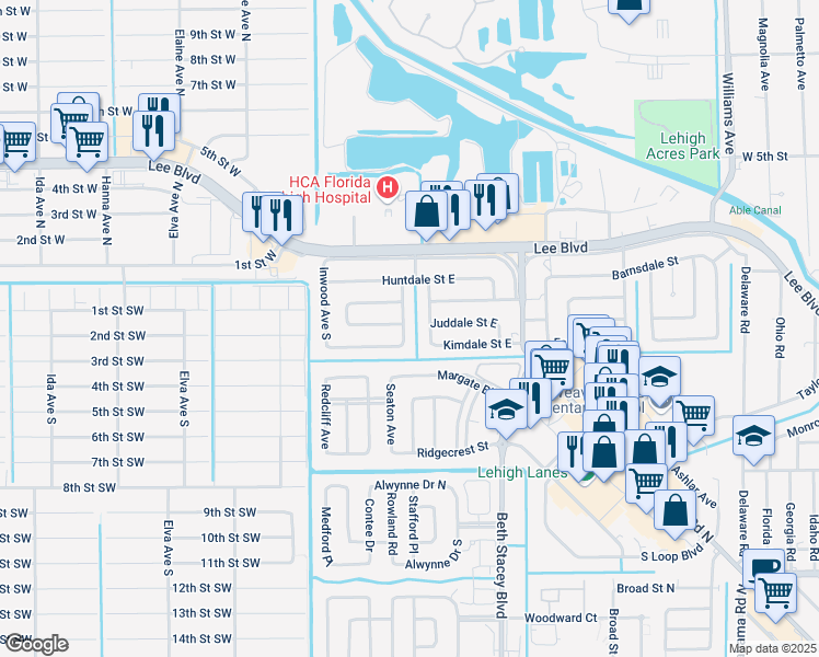 map of restaurants, bars, coffee shops, grocery stores, and more near 327 Hazelwood Avenue South in Lehigh Acres
