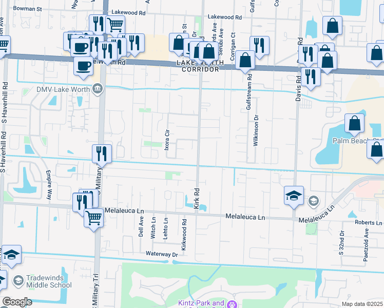 map of restaurants, bars, coffee shops, grocery stores, and more near 4449 Kirk Road in Lake Worth