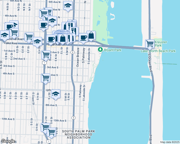 map of restaurants, bars, coffee shops, grocery stores, and more near 314 South Lakeside Drive in Lake Worth