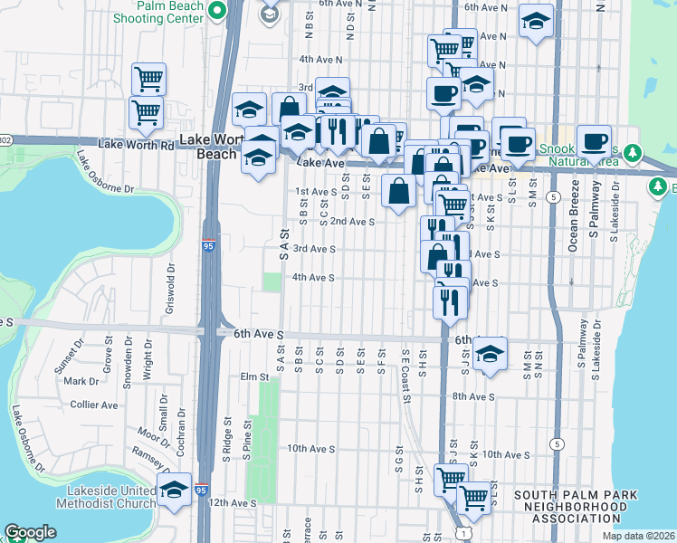 map of restaurants, bars, coffee shops, grocery stores, and more near 325 South D Street in Lake Worth Beach