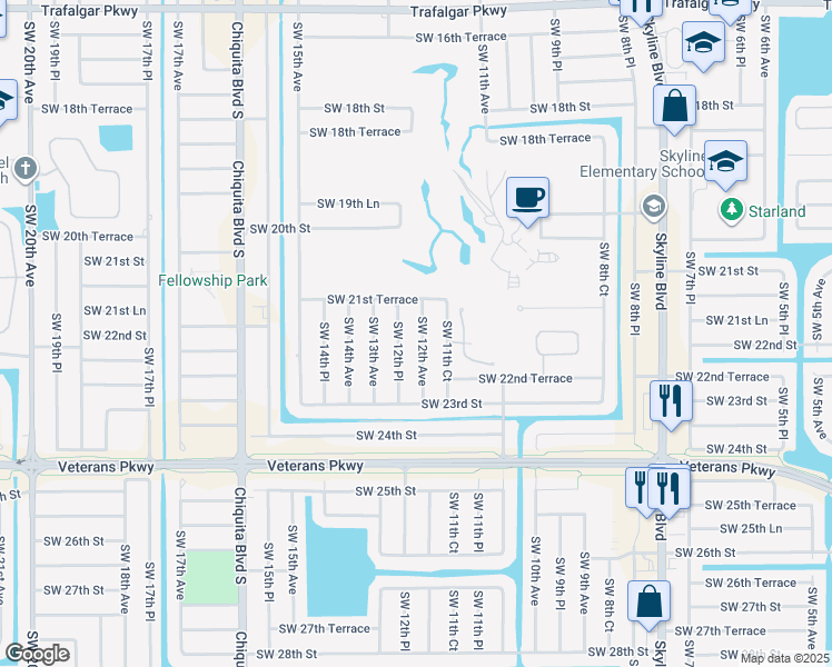 map of restaurants, bars, coffee shops, grocery stores, and more near 2136 Southwest 12th Avenue in Cape Coral