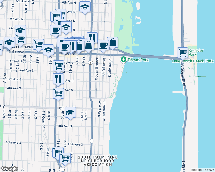 map of restaurants, bars, coffee shops, grocery stores, and more near 314 South Palmway in Lake Worth Beach