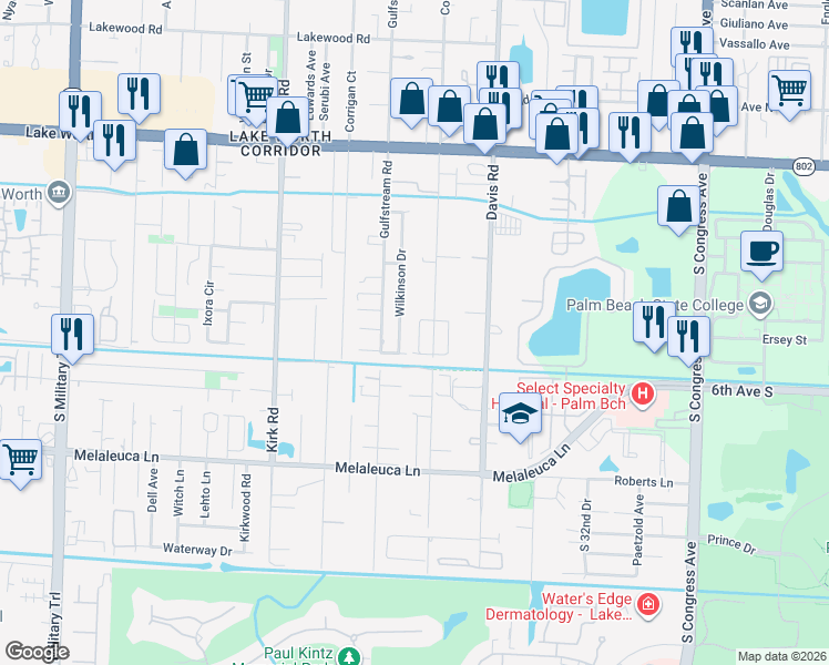 map of restaurants, bars, coffee shops, grocery stores, and more near 4409 Coconut Road in Lake Worth