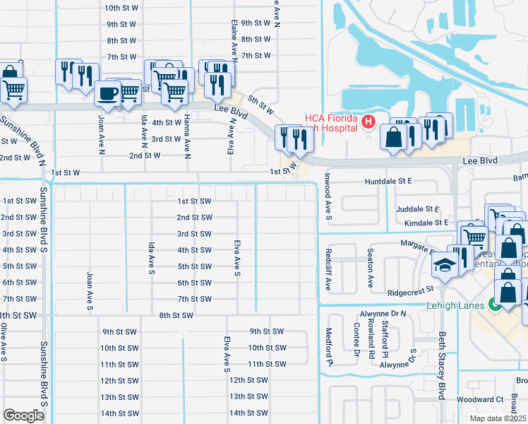 map of restaurants, bars, coffee shops, grocery stores, and more near 2616 2nd Street Southwest in Lehigh Acres