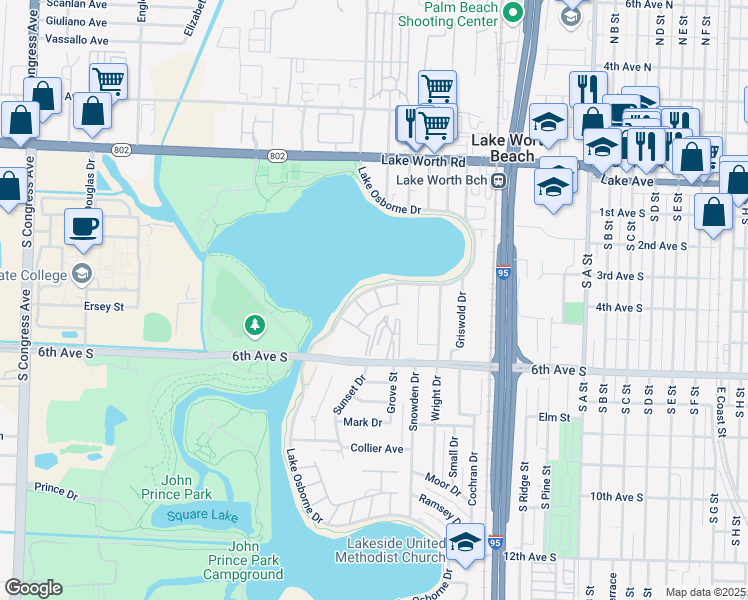 map of restaurants, bars, coffee shops, grocery stores, and more near 2102 Lake Osborne Drive in Lake Worth