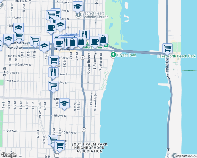 map of restaurants, bars, coffee shops, grocery stores, and more near 314 South Palmway in Lake Worth Beach
