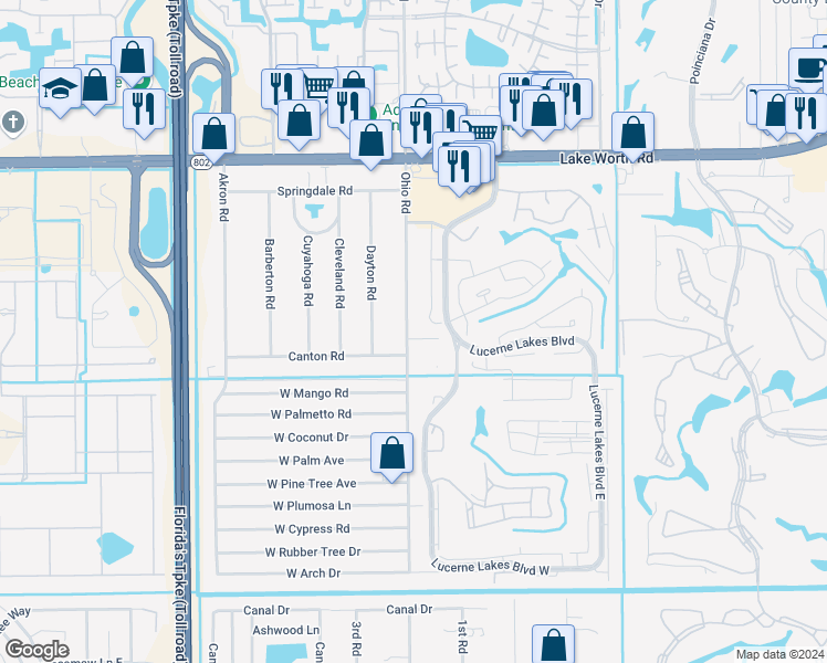 map of restaurants, bars, coffee shops, grocery stores, and more near 125 Ohio Road in Lake Worth