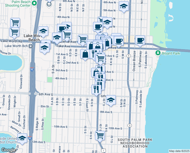 map of restaurants, bars, coffee shops, grocery stores, and more near 326 South H Street in Lake Worth