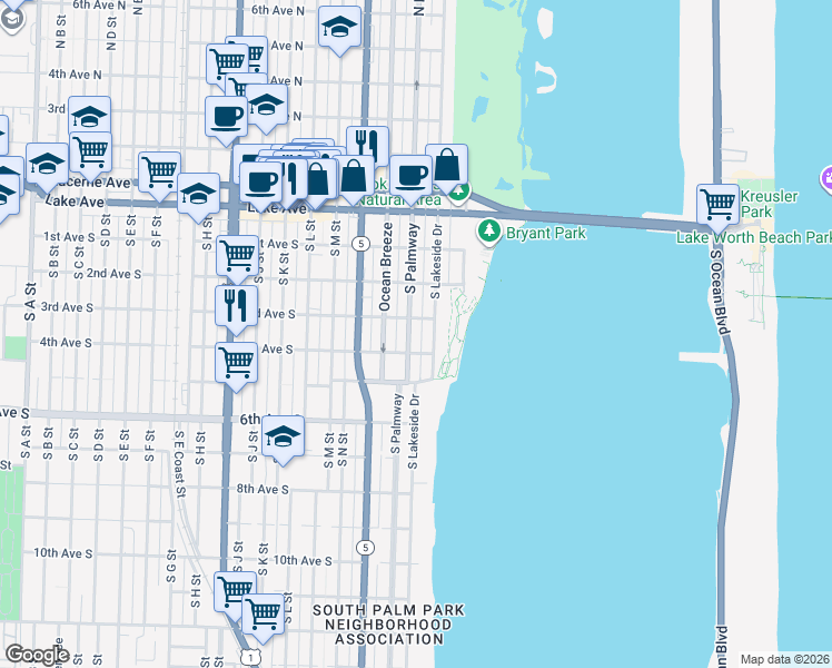 map of restaurants, bars, coffee shops, grocery stores, and more near 314 South Palmway in Lake Worth