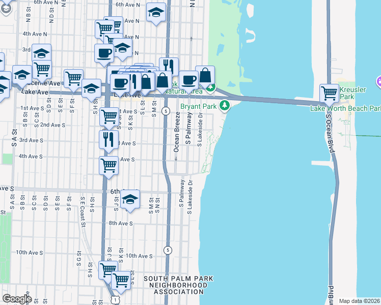 map of restaurants, bars, coffee shops, grocery stores, and more near 314 South Palmway in Lake Worth Beach