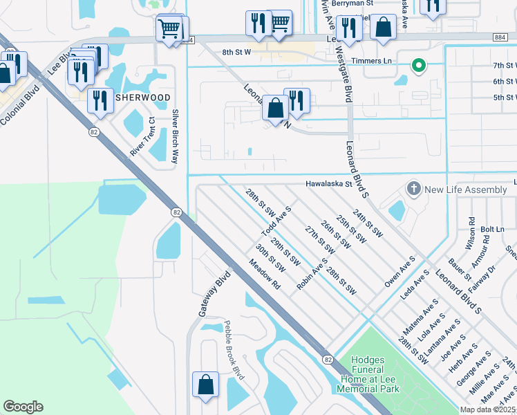 map of restaurants, bars, coffee shops, grocery stores, and more near 5317 28th Street Southwest in Lehigh Acres