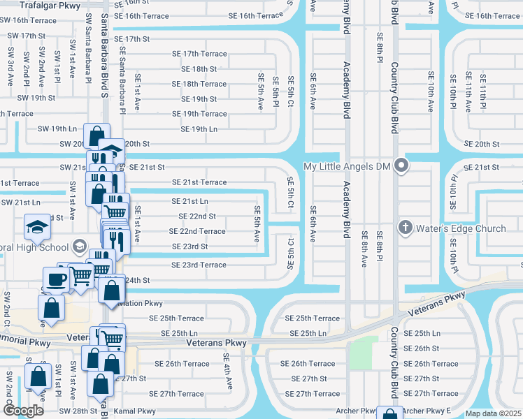 map of restaurants, bars, coffee shops, grocery stores, and more near 2139 SE 5th Ave in Cape Coral
