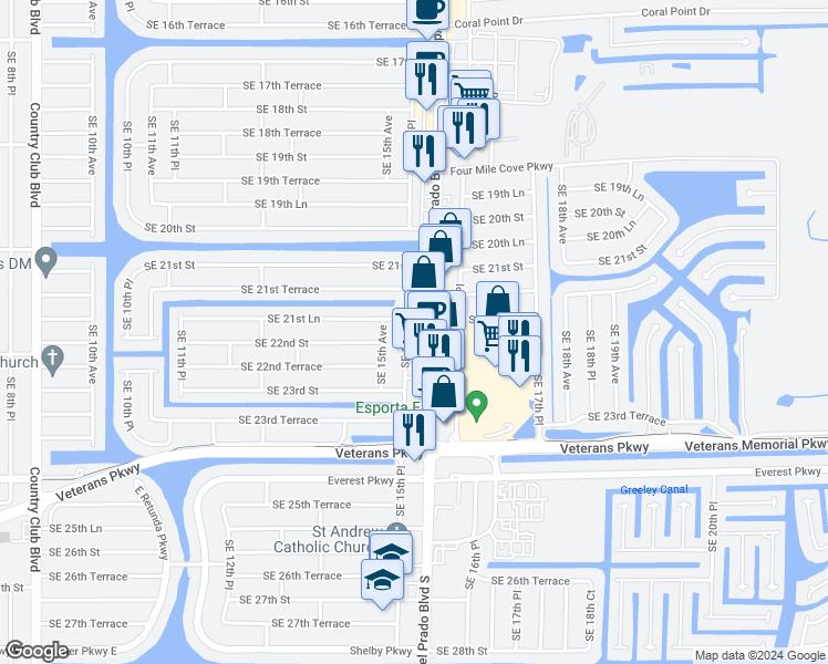 map of restaurants, bars, coffee shops, grocery stores, and more near 2141 Southeast 15th Place in Cape Coral
