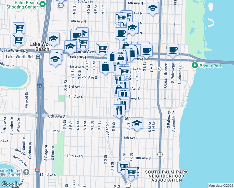 map of restaurants, bars, coffee shops, grocery stores, and more near 326 South H Street in Lake Worth