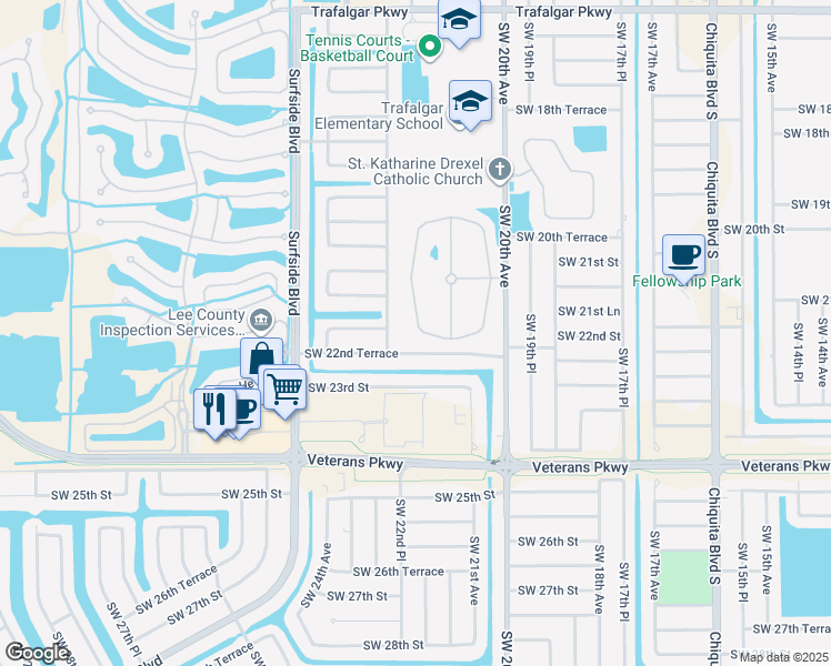 map of restaurants, bars, coffee shops, grocery stores, and more near 2205 Cape Heather Circle in Cape Coral