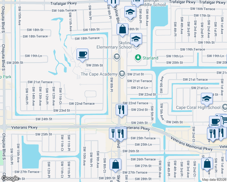 map of restaurants, bars, coffee shops, grocery stores, and more near 2139 Southwest 8th Place in Cape Coral