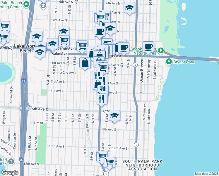 map of restaurants, bars, coffee shops, grocery stores, and more near 317 South J Street in Lake Worth