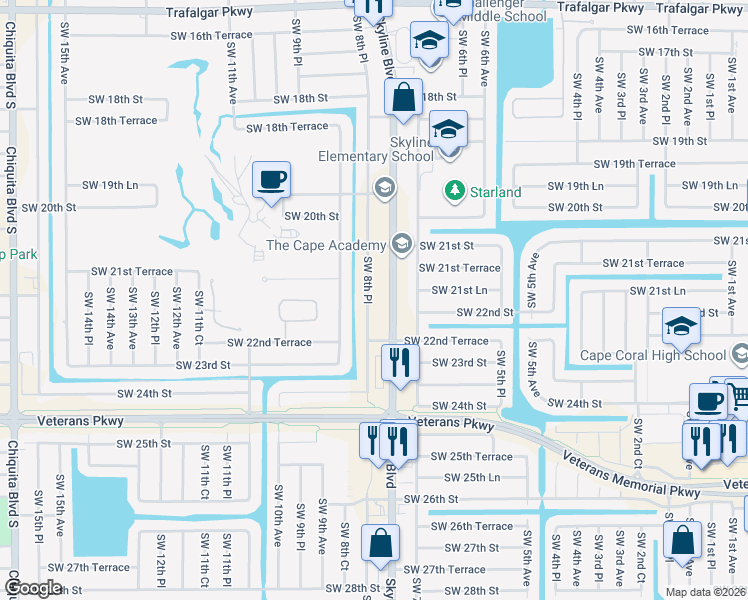 map of restaurants, bars, coffee shops, grocery stores, and more near 2139 Southwest 8th Place in Cape Coral
