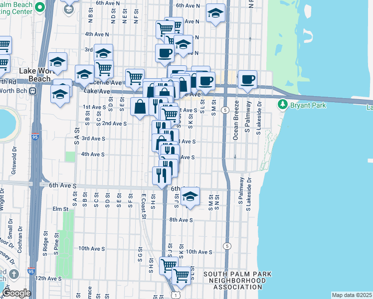map of restaurants, bars, coffee shops, grocery stores, and more near 317 South J Street in Lake Worth