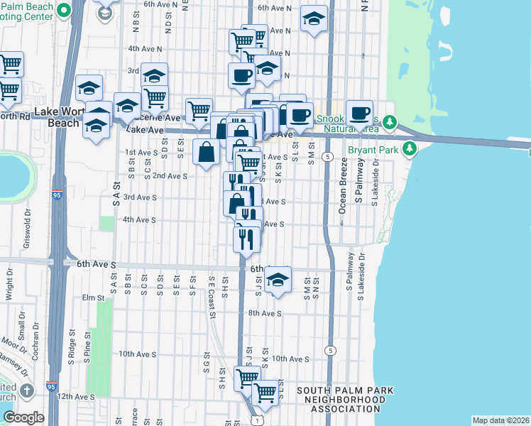 map of restaurants, bars, coffee shops, grocery stores, and more near 317 South J Street in Lake Worth