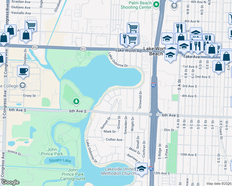 map of restaurants, bars, coffee shops, grocery stores, and more near 2102 Lake Osborne Drive in Lake Worth