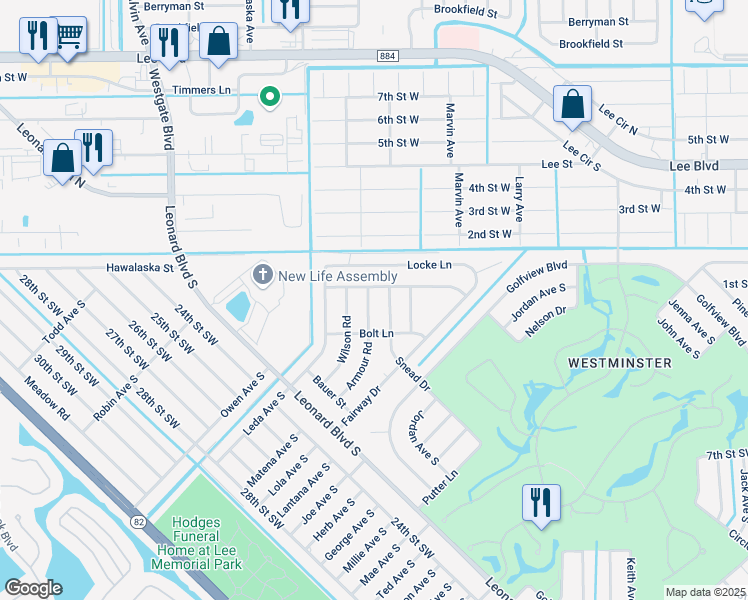 map of restaurants, bars, coffee shops, grocery stores, and more near 2120 Snead Drive in Lehigh Acres