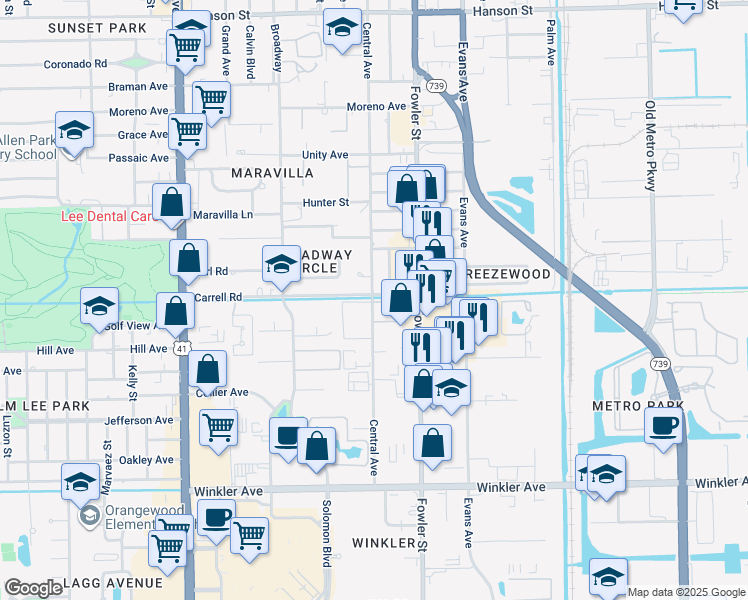 map of restaurants, bars, coffee shops, grocery stores, and more near 3572 Central Avenue in Fort Myers