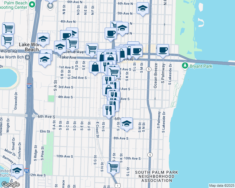 map of restaurants, bars, coffee shops, grocery stores, and more near 317 South J Street in Lake Worth