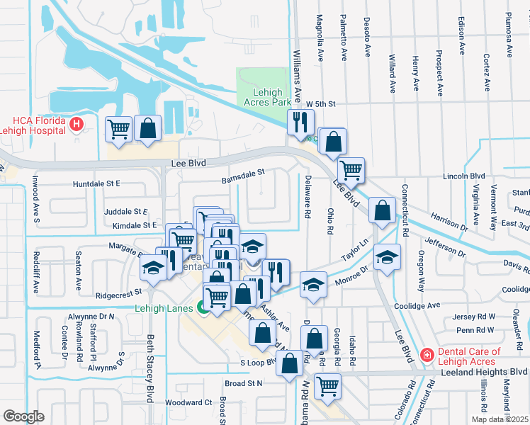 map of restaurants, bars, coffee shops, grocery stores, and more near 1214 Casedale Street in Lehigh Acres