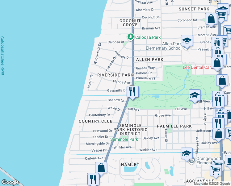 map of restaurants, bars, coffee shops, grocery stores, and more near 1356 Gasparilla Drive in Fort Myers