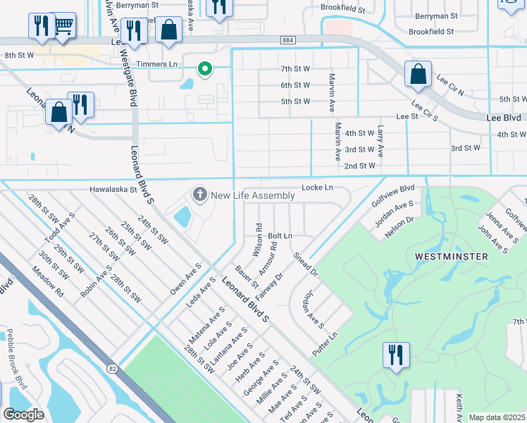 map of restaurants, bars, coffee shops, grocery stores, and more near 2119 Wilson Road in Lehigh Acres