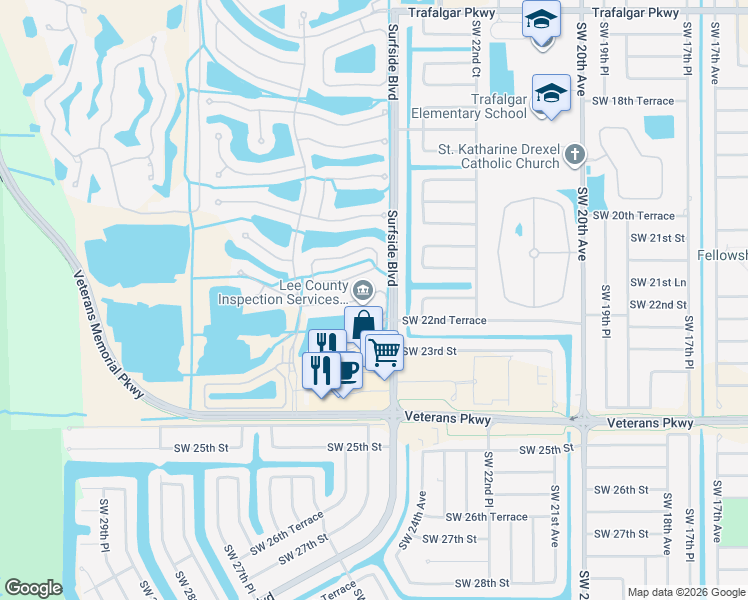 map of restaurants, bars, coffee shops, grocery stores, and more near 2478 Verdmont Court in Cape Coral