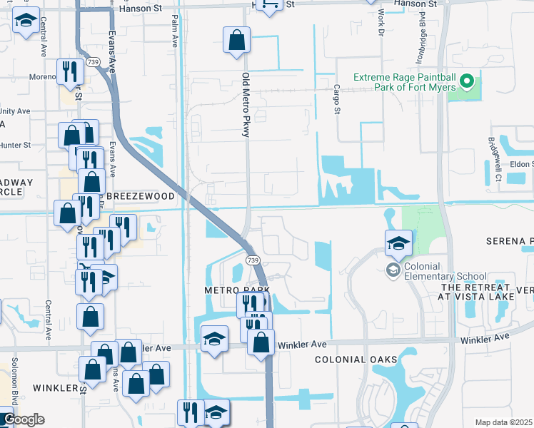 map of restaurants, bars, coffee shops, grocery stores, and more near 3644 Pine Oak Circle in Fort Myers