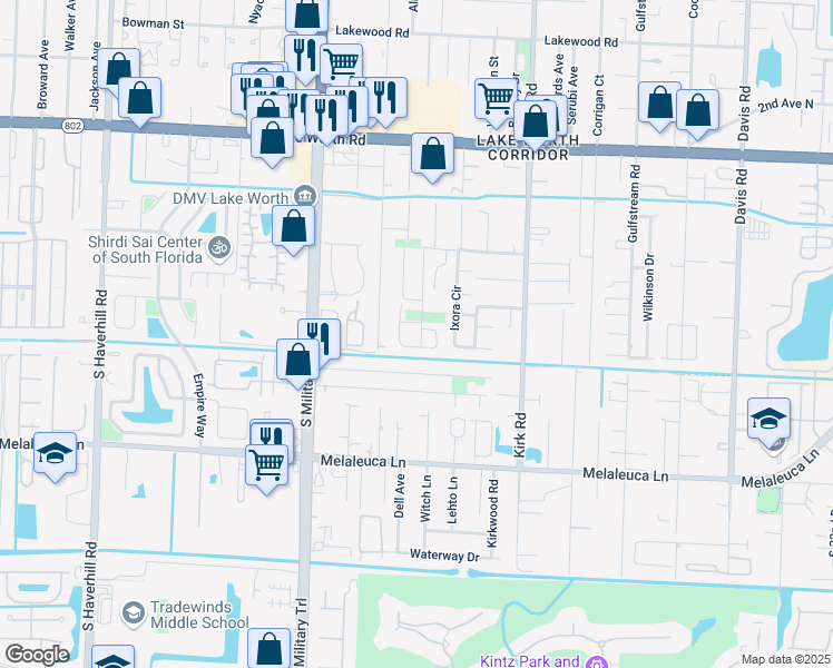 map of restaurants, bars, coffee shops, grocery stores, and more near 4498 Flows Way in Lake Worth