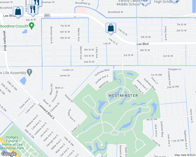 map of restaurants, bars, coffee shops, grocery stores, and more near 4794 Jordan Avenue South in Lehigh Acres