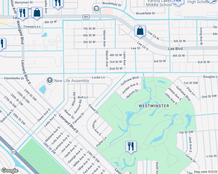map of restaurants, bars, coffee shops, grocery stores, and more near 2123 Fairway Drive in Lehigh Acres