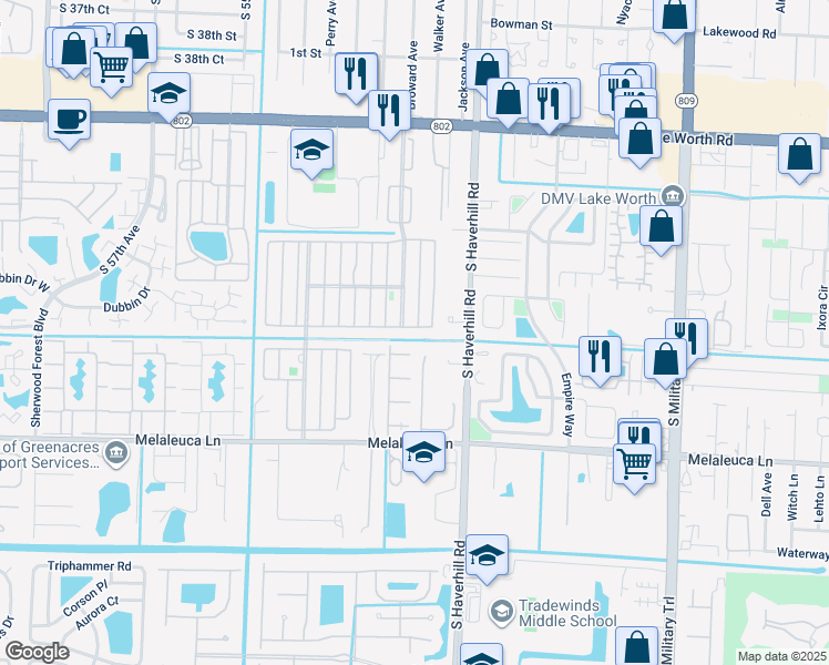 map of restaurants, bars, coffee shops, grocery stores, and more near 5128 Erika Place in Lake Worth