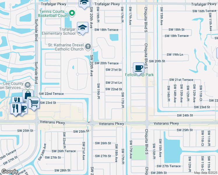 map of restaurants, bars, coffee shops, grocery stores, and more near 1815 Southwest 22nd Street in Cape Coral