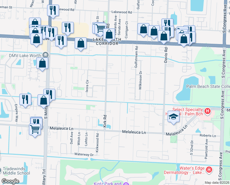 map of restaurants, bars, coffee shops, grocery stores, and more near 4439 Stevens Road in Lake Worth