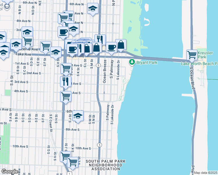map of restaurants, bars, coffee shops, grocery stores, and more near 314 South Palmway in Lake Worth Beach