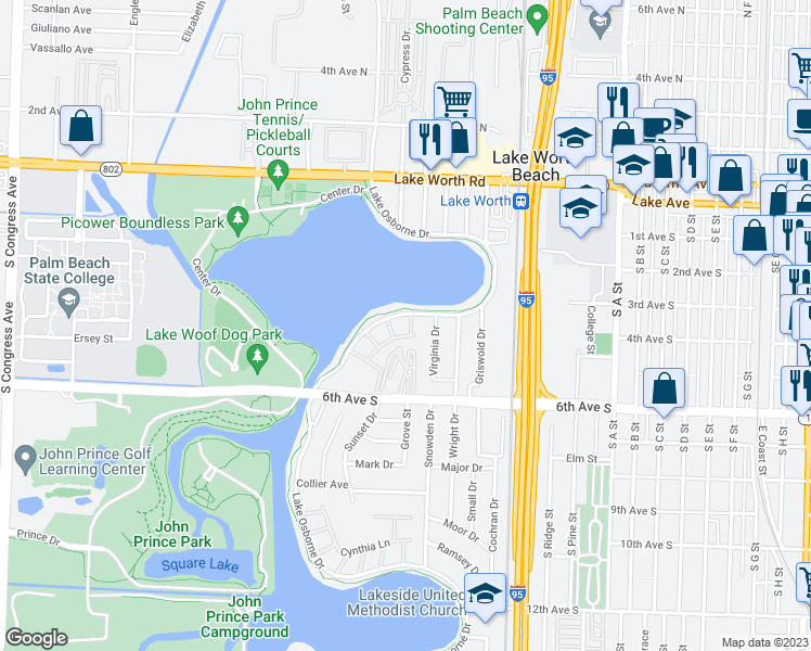 map of restaurants, bars, coffee shops, grocery stores, and more near 18 Sunset Avenue in Lake Worth