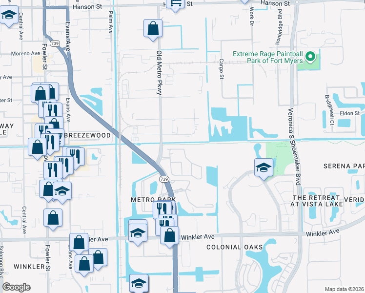 map of restaurants, bars, coffee shops, grocery stores, and more near 3644 Pine Oak Circle in Fort Myers