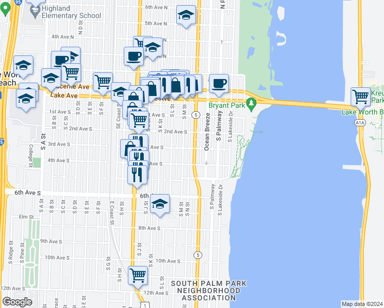 map of restaurants, bars, coffee shops, grocery stores, and more near 311 South Federal Highway in Lake Worth