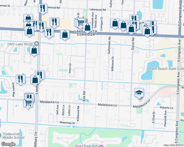 map of restaurants, bars, coffee shops, grocery stores, and more near 4439 Stevens Road in Lake Worth